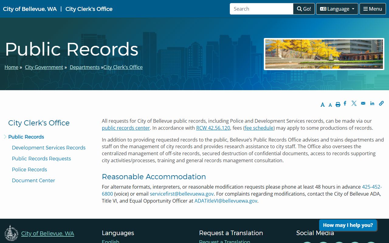 Bellevue City Clerk public records information page