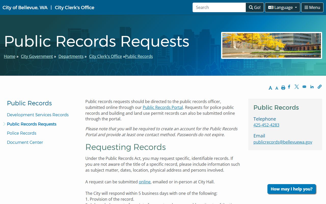 Bellevue public records request portal and submission page