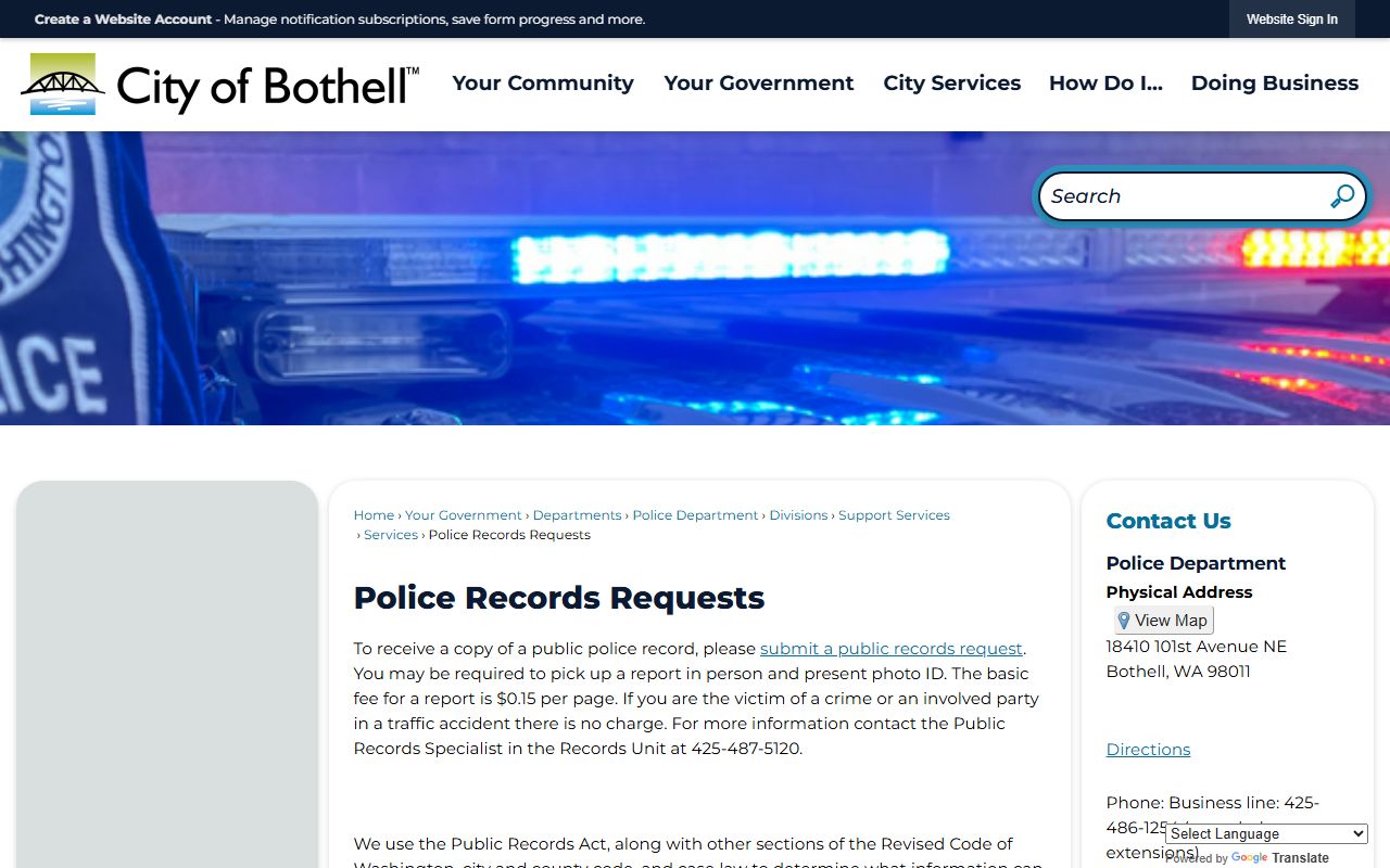 Bothell Police Department public records requests page