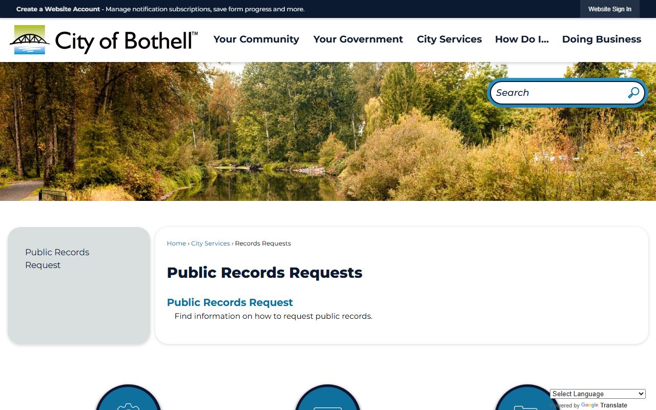 Bothell city public records requests page and submission portal