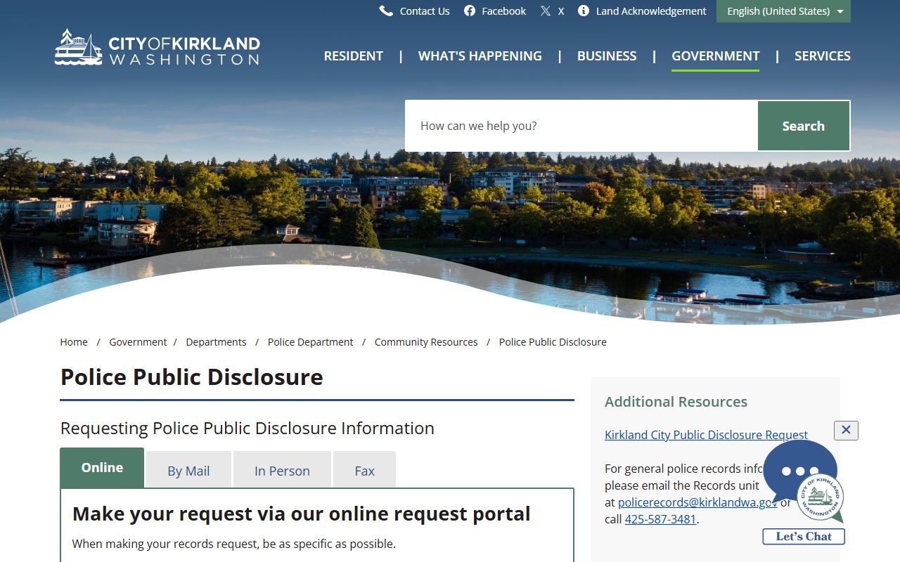 Kirkland Police Department public disclosure portal