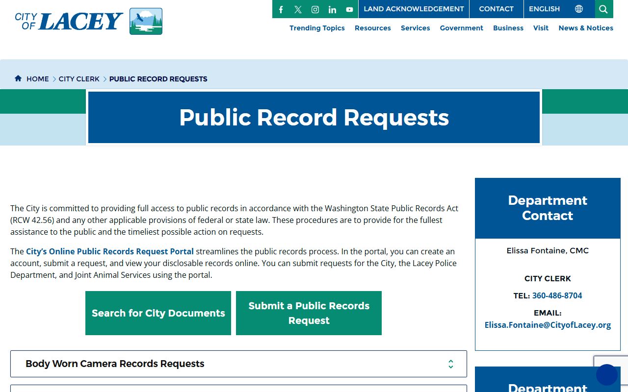 Lacey city public records GovQA portal