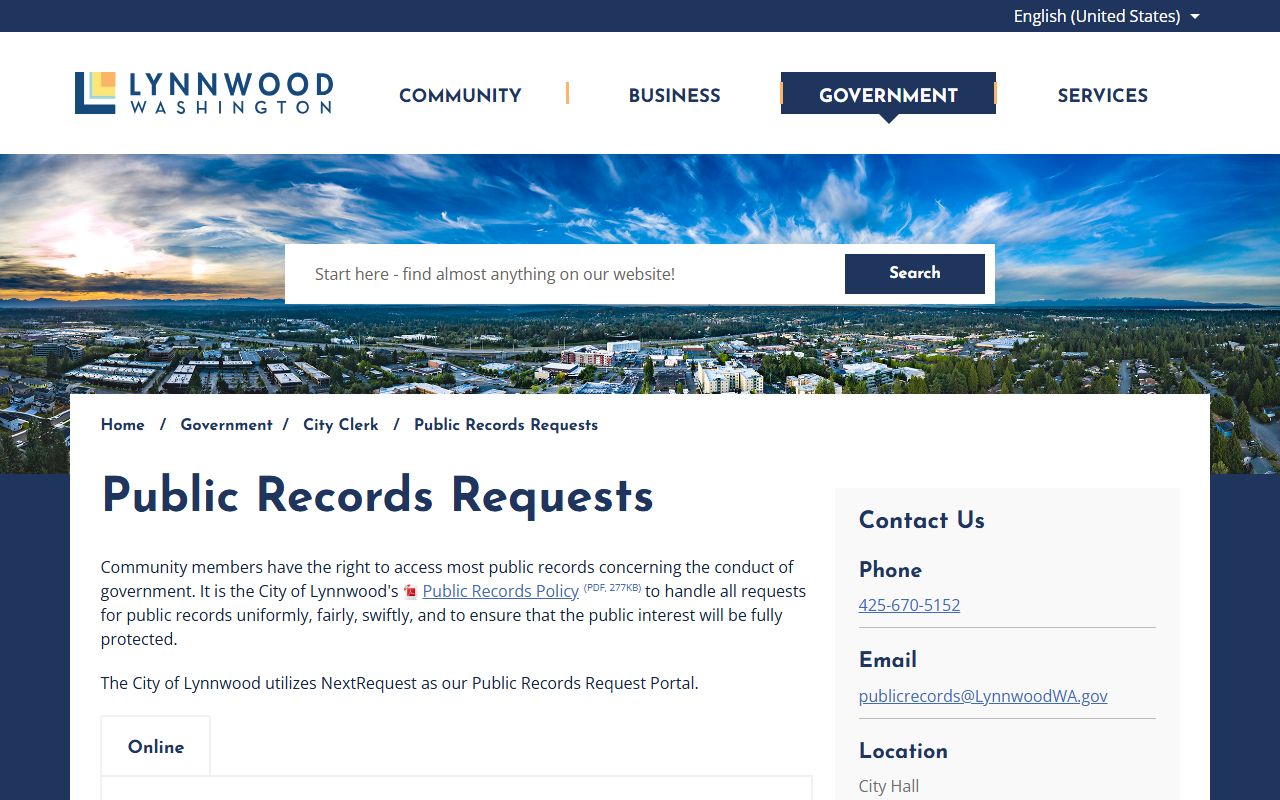 Lynnwood public records GovQA portal city clerk