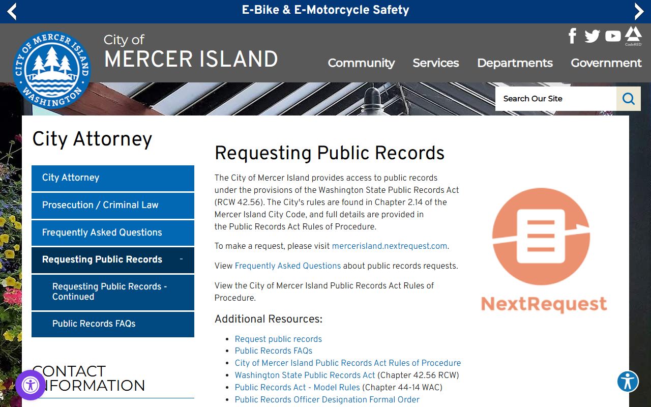 Mercer Island city public records NextRequest portal