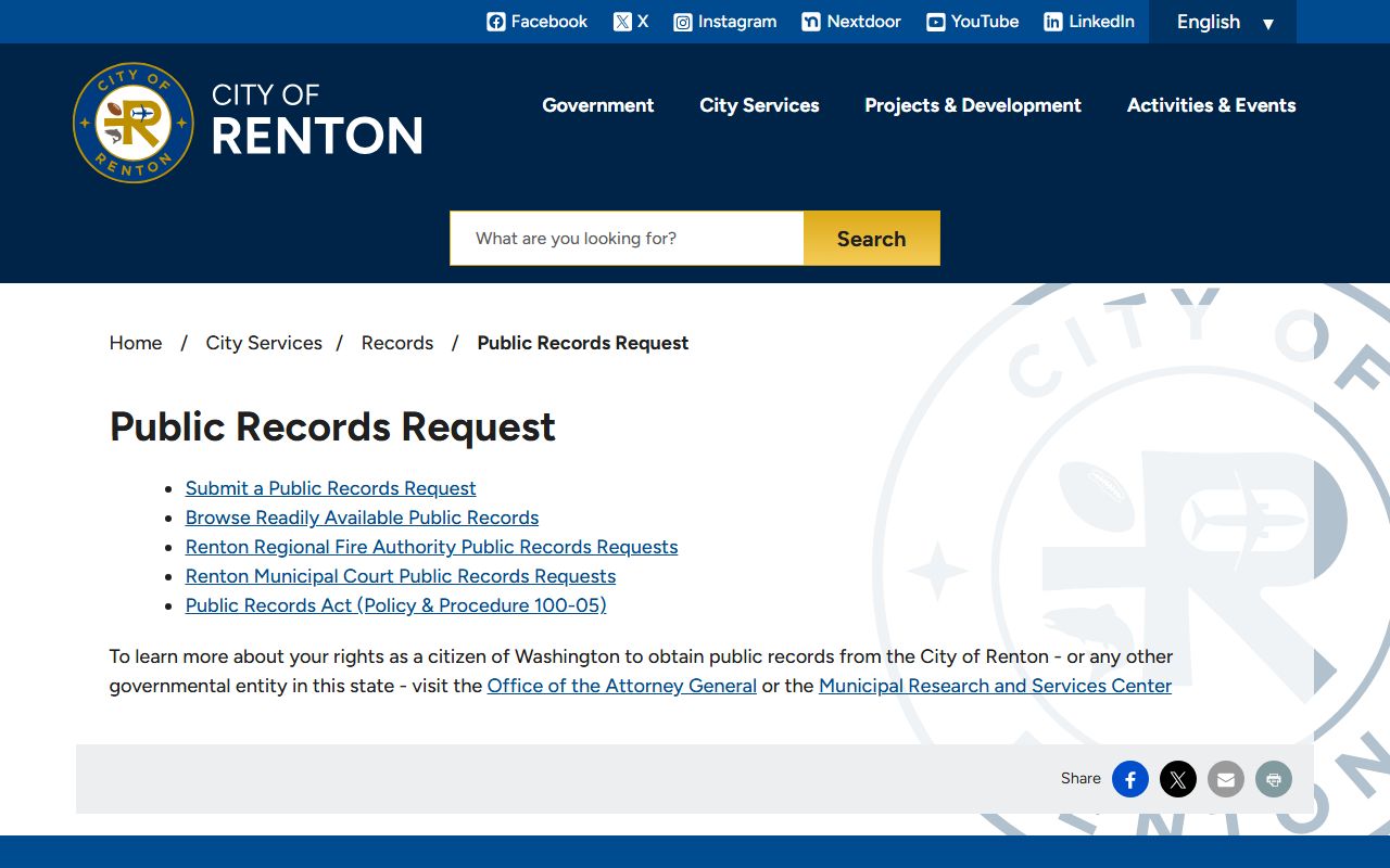 Renton public records request page