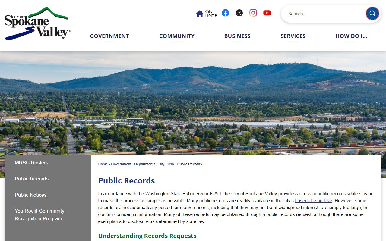 Spokane Valley city public records GovQA portal