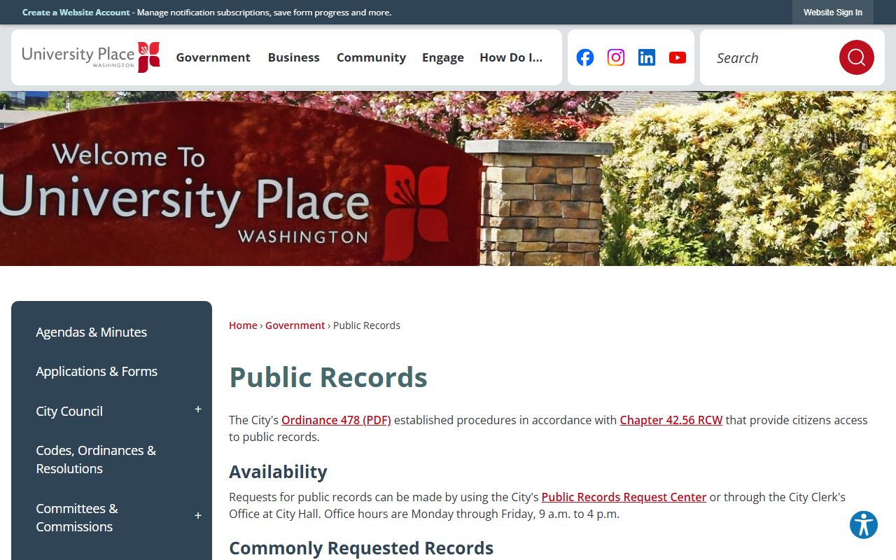 University Place city public records NextRequest portal