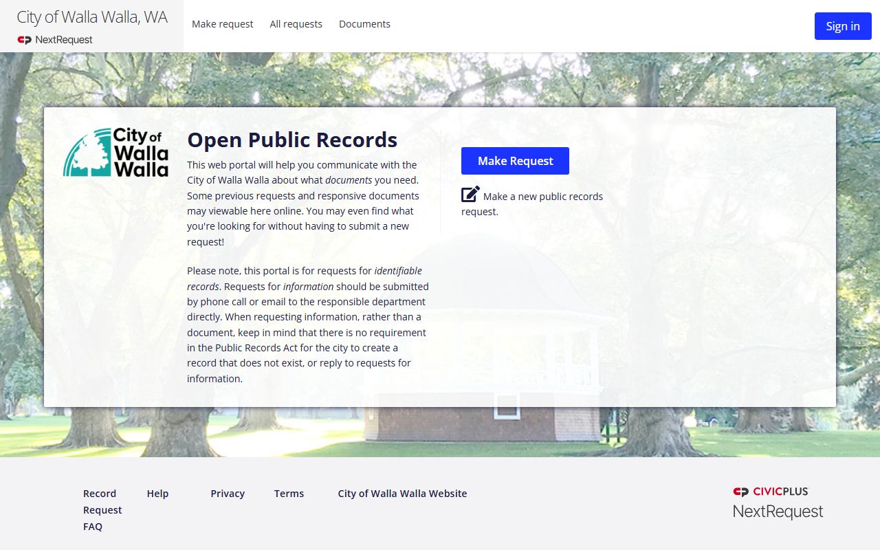 Walla Walla city NextRequest public records portal