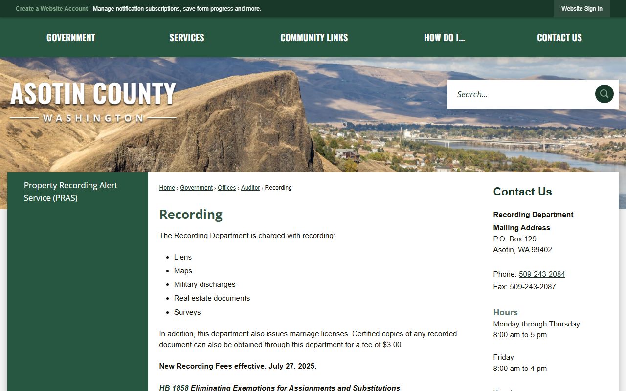 Asotin County recording fee schedule public records