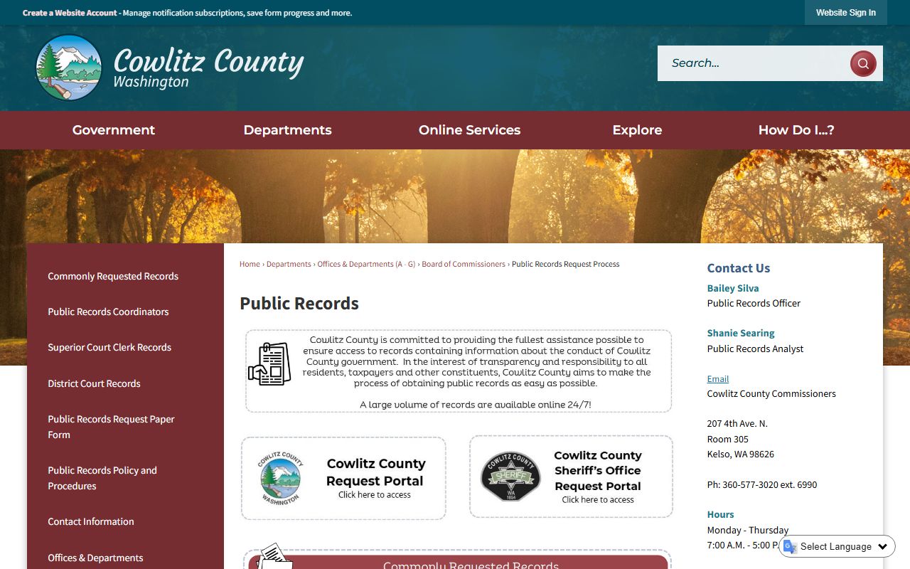 Cowlitz County public records request process page