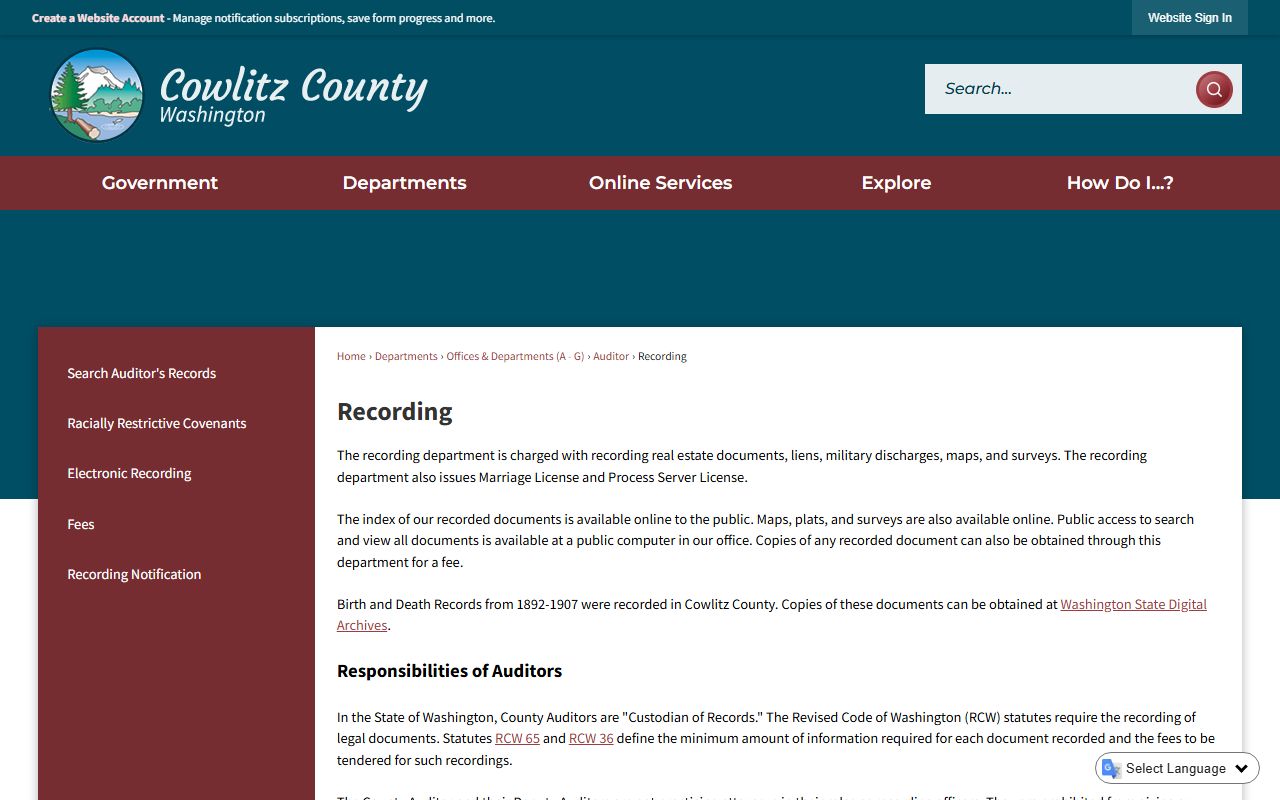 Cowlitz County Recording Auditor property records portal