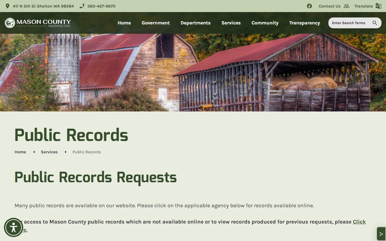 Mason County public records request portal website Shelton Washington