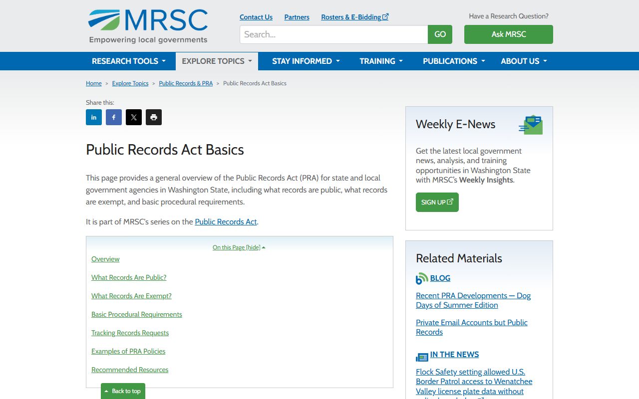 MRSC Washington Public Records Act guidance page
