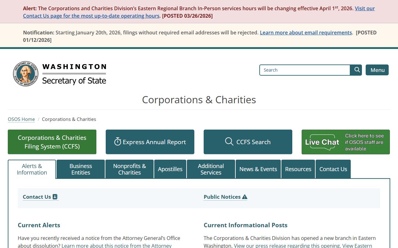 Washington Secretary of State corporations and charities search