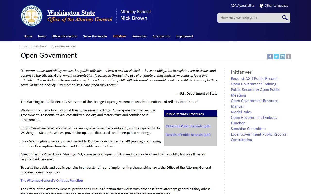 Washington State Attorney General open government page