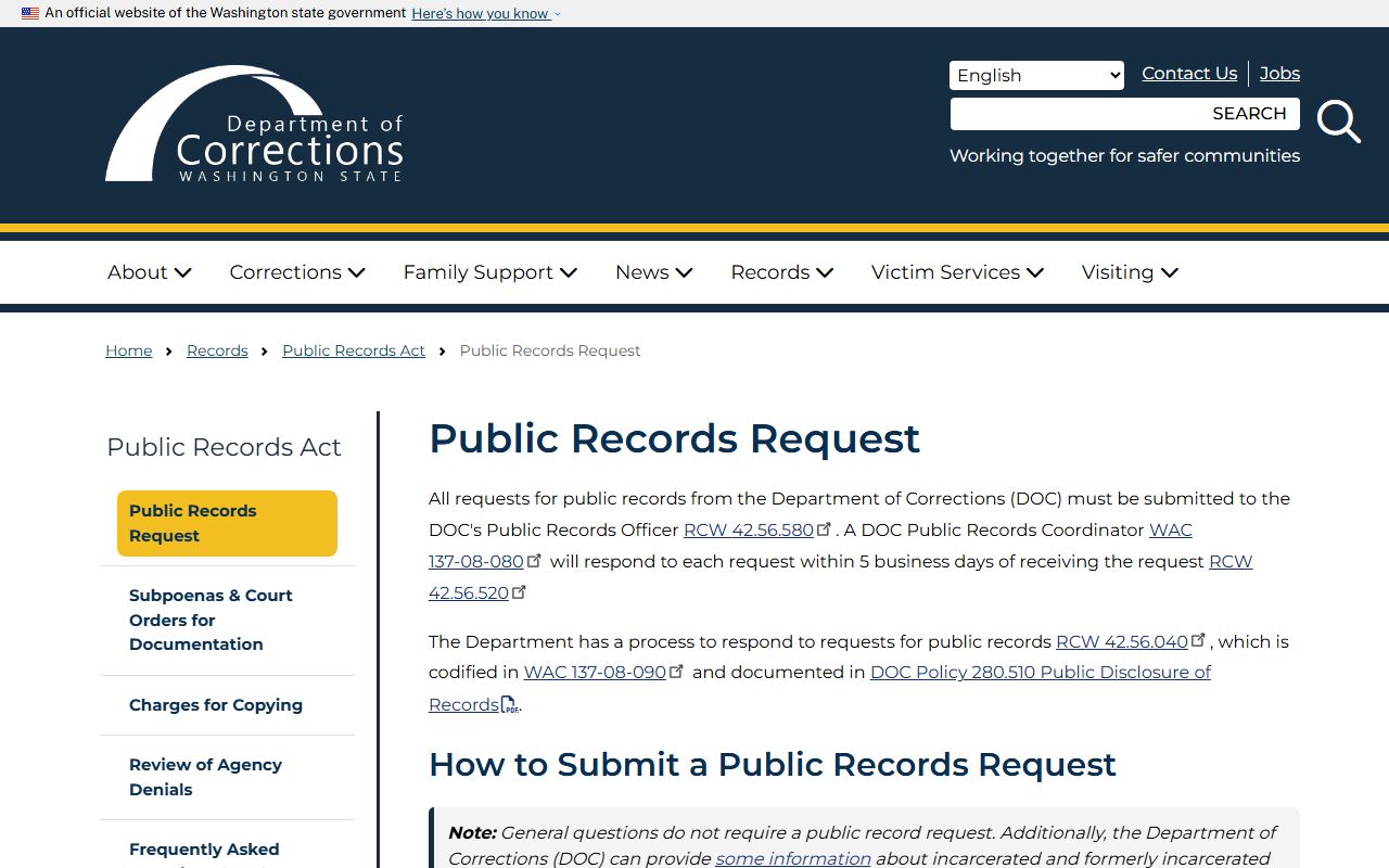 Washington State Department of Corrections public records page
