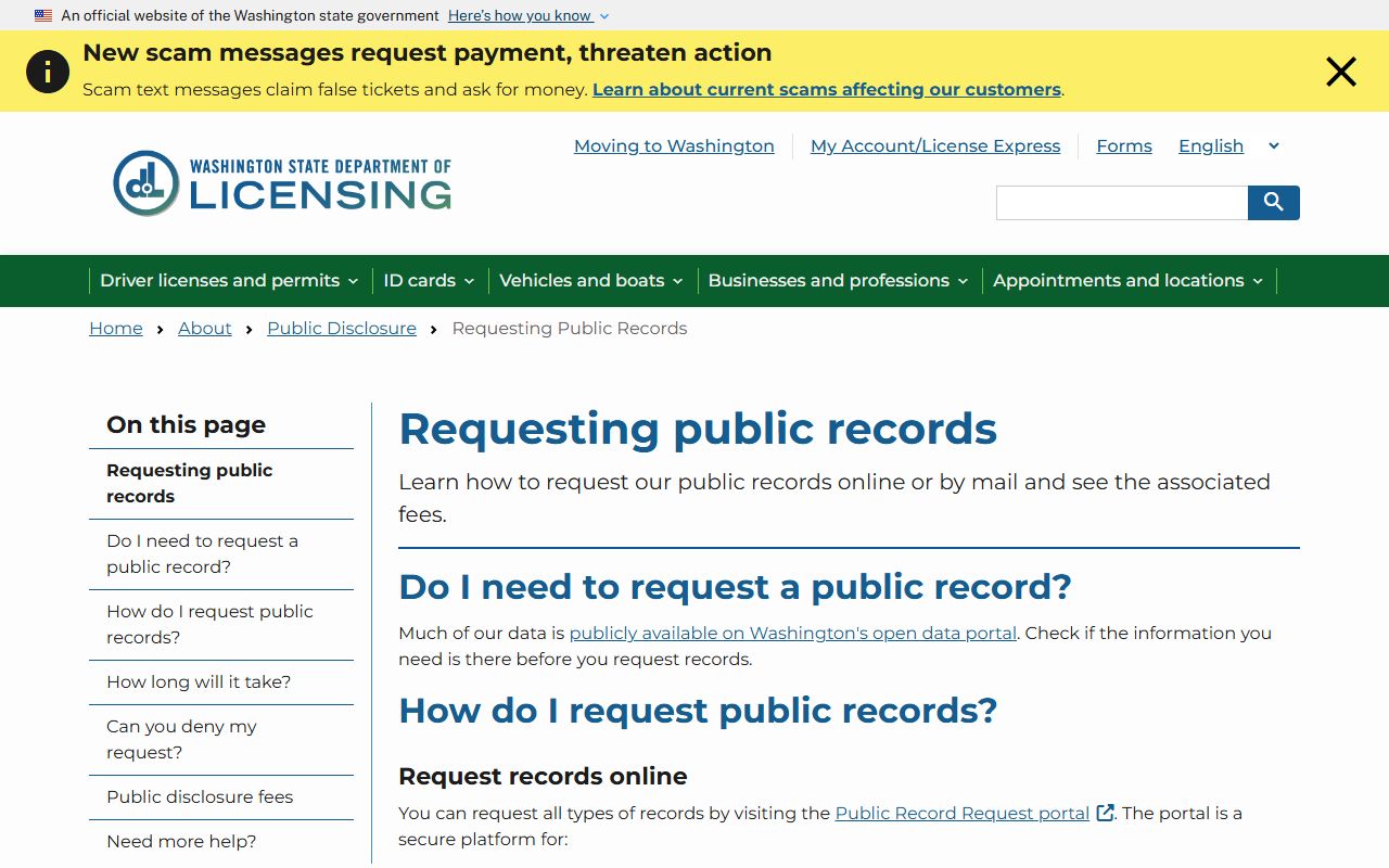 Washington State Department of Licensing public records request page