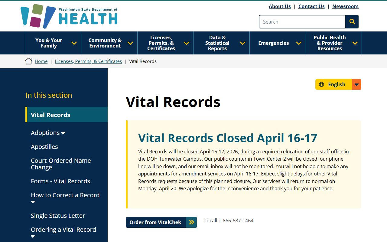 Washington State Department of Health vital records page