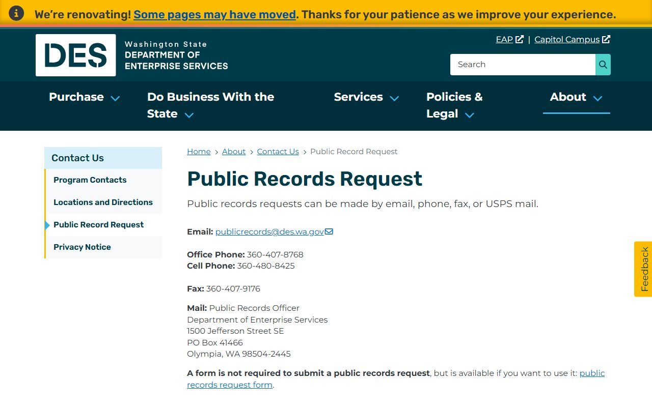 Washington Department of Enterprise Services public records request page