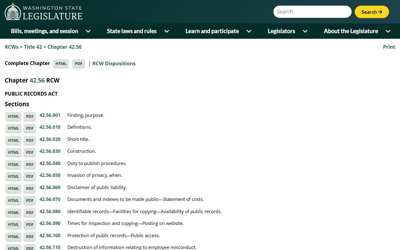 Washington State Public Records Act RCW 42.56 official page