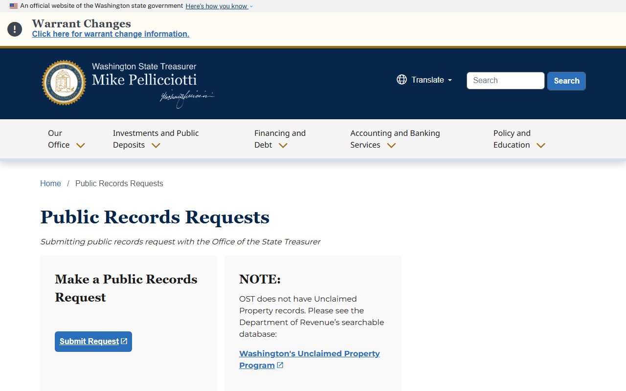 Washington State Treasurer public records request page